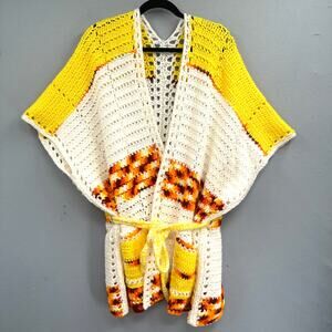 VTG Cottagecore Crochet Cardigan OS Boho Hippie Belt Candy Corn Festival Granny